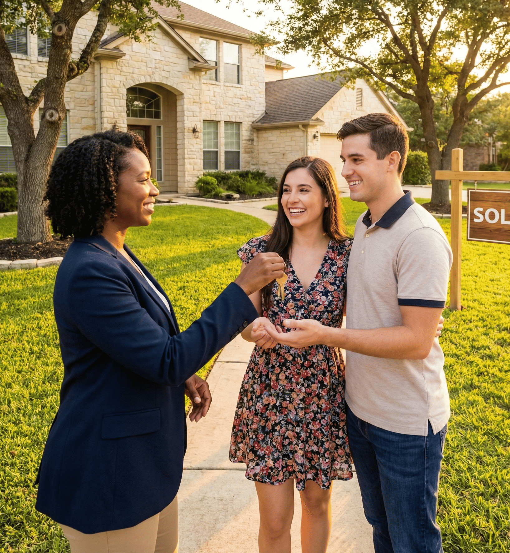 A confident professional Black female real estate agent in navy blazer handing house keys to a happy young couple outside a beautiful suburban home, golden hour lighting, warm sunny day, green lawn, San Antonio Texas neighborhood feel, wide angle shot, cinematic photography, photorealistic, no text, no watermark, 3:4 vertical ratio